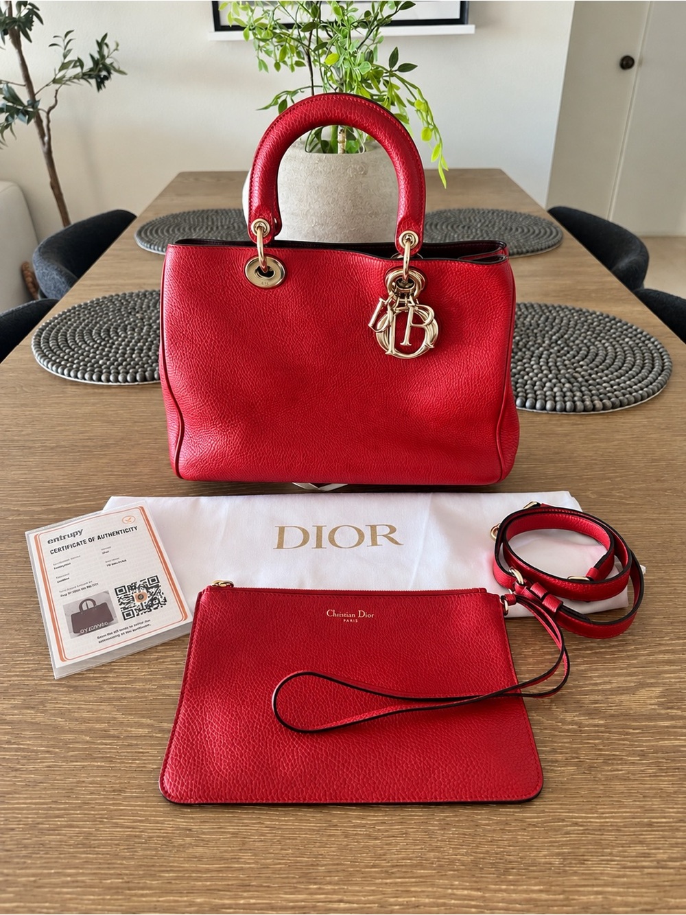 Christian Dior Medium Diorissimo Red Leather Tote Gold HW + Strap Pouch